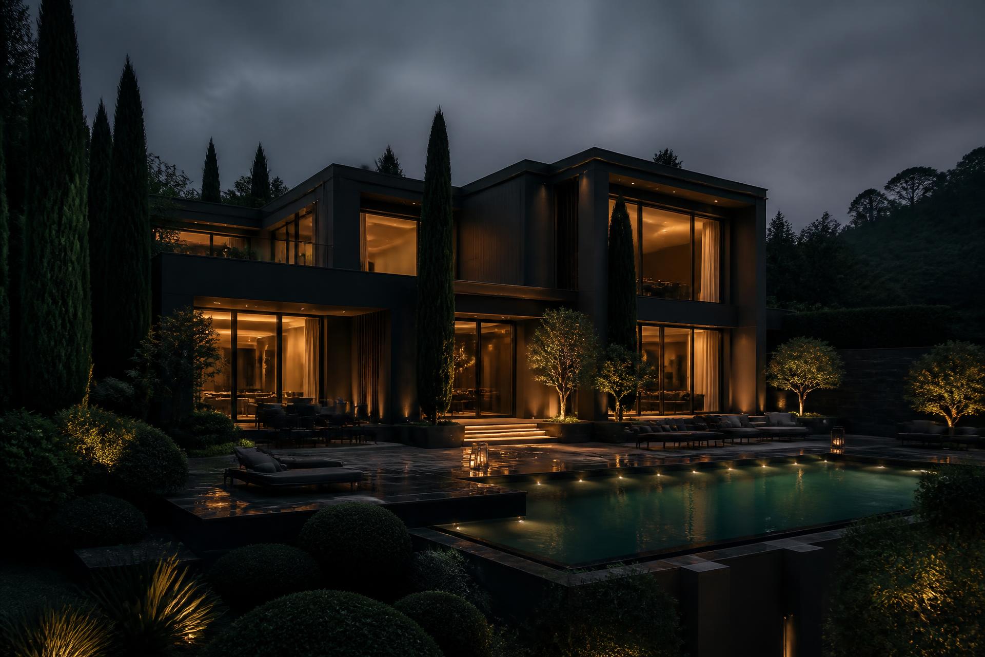 Villa contemporánea al atardecer con iluminación cálida